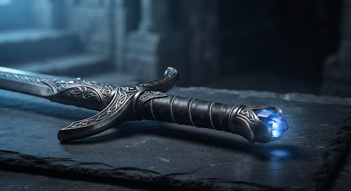 A close-up of an ornate, fantastical broadsword hilt with intricate elven-style engravings and a glowing blue gem set in the pommel. It rests on a dark slate surface. The lighting is moody, with cool blue ambient light contrasting against dark shadows, emphasizing a premium cinematic prop aesthetic.